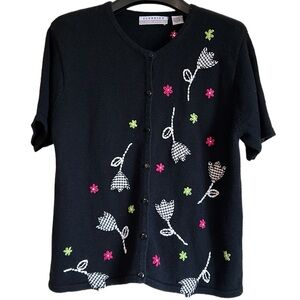 Marisa Christina Cardigan knit sweater large black‎ floral embroidery